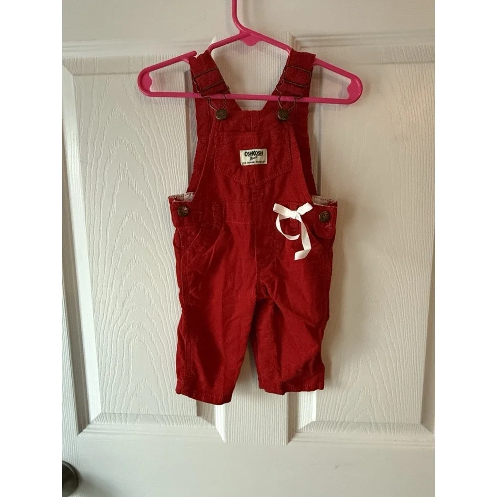 2 Vtg Osh Kosh B'gosh Vestbak Corduroy Overalls Red Baby 3M Navy Sailboat 6M